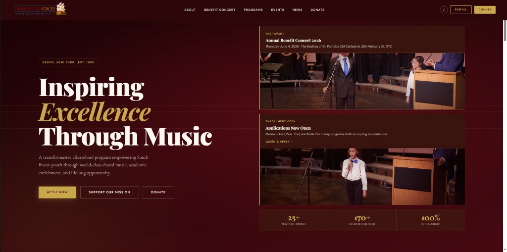Highbridge Voices homepage: Inspiring Excellence Through Music, with benefit concert and enrollment cards
