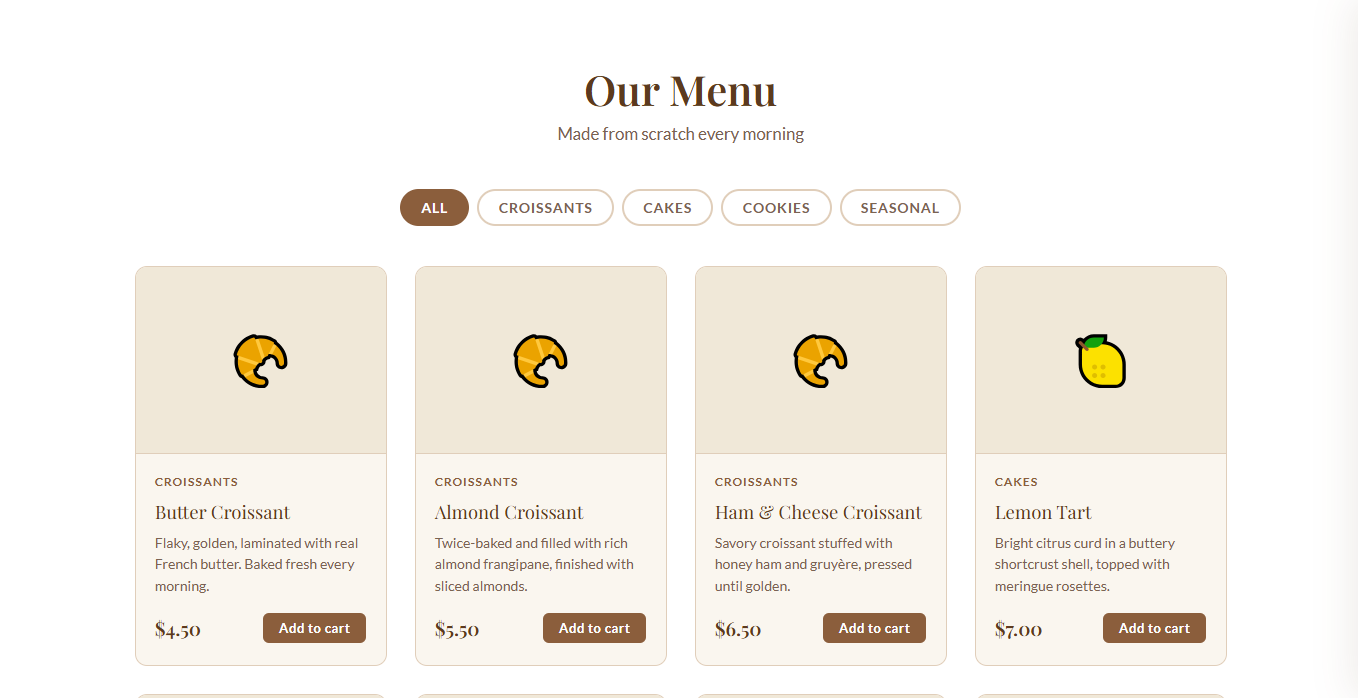Pastry Shop menu: croissant, tart, and cookie cards with prices and add-to-cart buttons